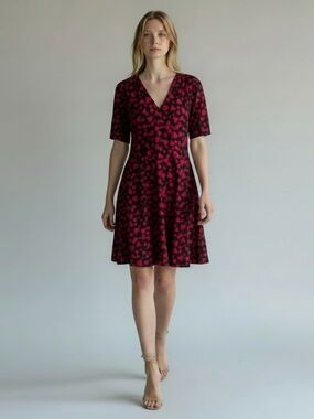 TARA JARMON Navy Blue Dress Pink Hearts Dot Short Sleeve Mini Dress 44 10 12 L